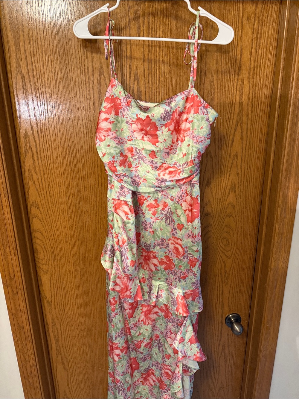 Wayf Floral Ruffle Spaghetti-Strap Maxi Dress in Coral and Mint